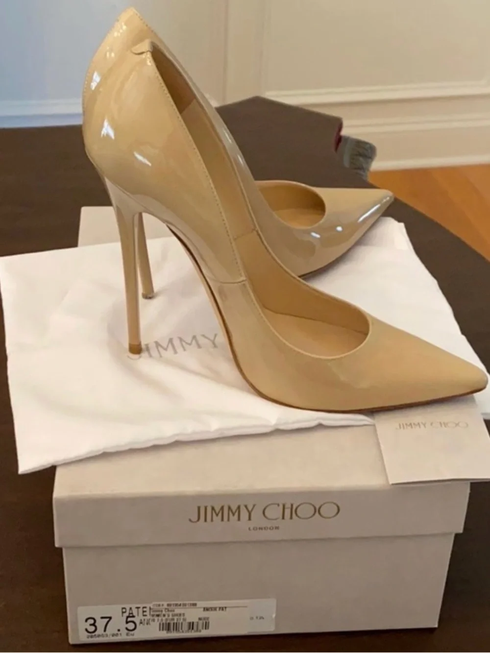 Jimmy choo anouk 37.5 nude patent 120mm pump